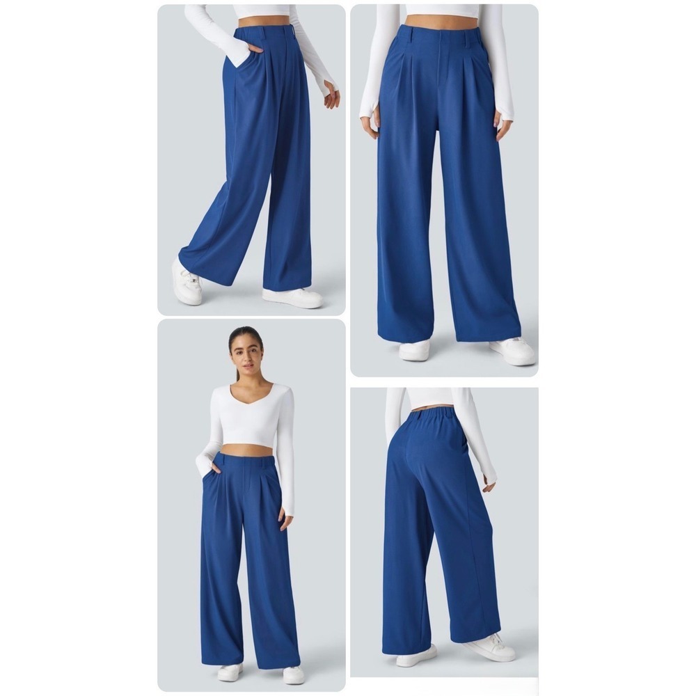 NWT Halara Navy Blue Stretch Waist Wide Leg Waffle Knit Trousers Pants Size M
